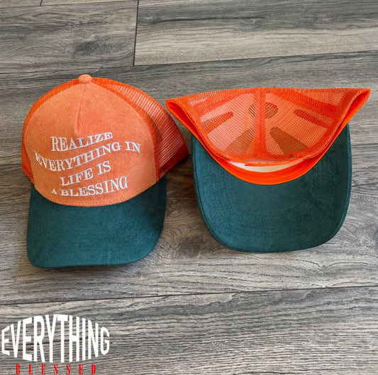 Orange Slogan Suede Trucker Hat